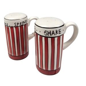 Red and White Striped Ceramic Mug Salt and Pepper Shaker Set Shake Sprinkle
